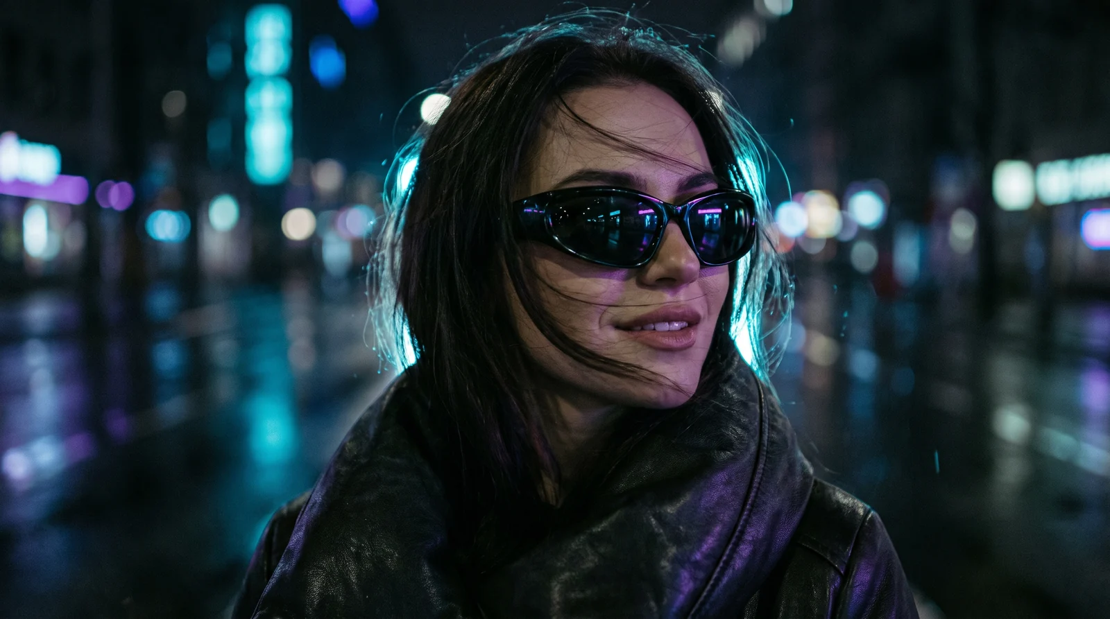Mujer con lentes de sol negros de noche, con luces de la ciudad reflejadas en los cristales